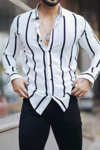 DMSFASHION Men Striped Casual White Shirt