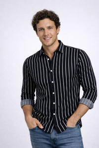 CAMBREEN Men Striped Casual Black Shirt