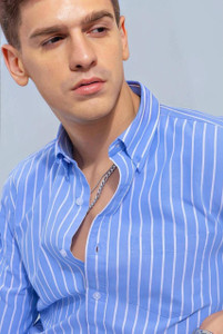 fitoda fashion Men Striped Casual White, Blue Shirt
