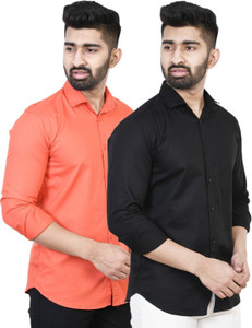 Feel high Men Solid Casual Black, Orange Shirt