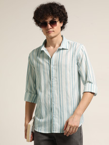 Bushirt Men Striped Casual Light Blue Shirt