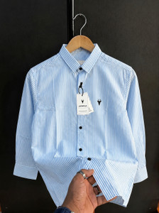 JACKBELLA Men Striped Casual Light Blue, White Shirt