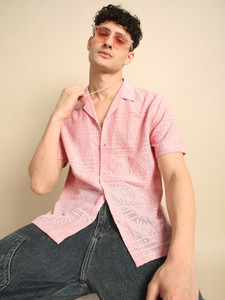 Voroxy Men Self Design Casual Pink Shirt