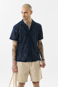 Snitch Men Self Design Casual Dark Blue Shirt