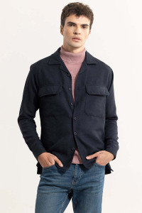 Snitch Men Solid Casual Dark Blue Shirt