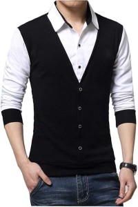 Try This Men Color Block Casual White, Black Shirt