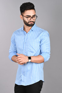 FUBAR Men Striped Casual Light Blue Shirt