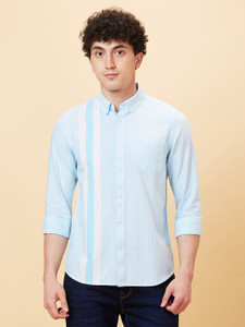 BEING HUMAN Men Striped Casual Blue Shirt