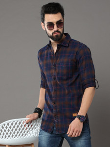 tallwalker Men Checkered Casual Brown, Blue Shirt
