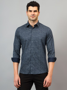 cantabil men printed casual dark blue shirt