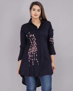 Myorica Women Embroidered Casual Dark Blue Shirt