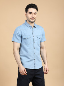 GRAND STITCH Men Washed Casual Black Shirt