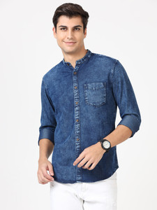 SQIN Men Washed Casual Blue Shirt