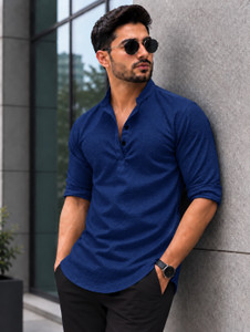 COMBRAIDED Men Self Design Casual Blue Shirt