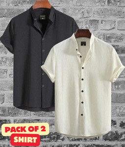 FUBACK Men Solid Casual White, Black Shirt