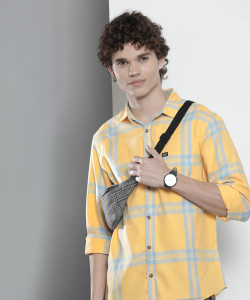 The Indian Garage Co. Men Checkered Casual Yellow Shirt