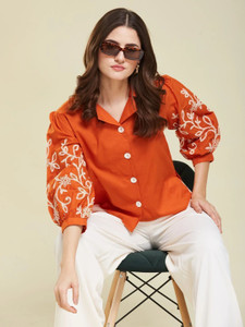 J TURRITOPSIS Women Embroidered Casual Orange Shirt