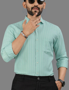 MILDIN Men Striped Formal Light Green Shirt