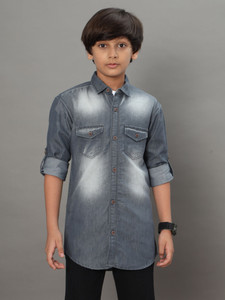 DARKCLUB Boys Washed Casual Grey, White Shirt
