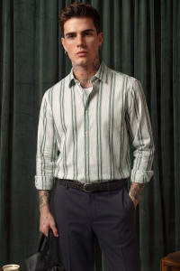 Snitch Men Striped Formal Light Green Shirt
