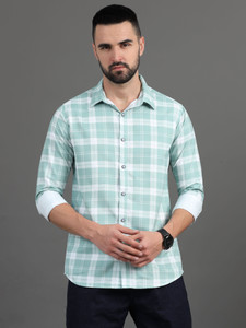 ZHAO Men Checkered Casual Green Shirt