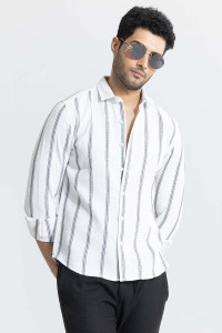 Snitch Men Striped Casual White Shirt