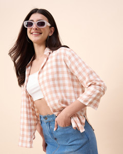 Chimpaaanzee Women Checkered White, Orange Shirt - Image 6