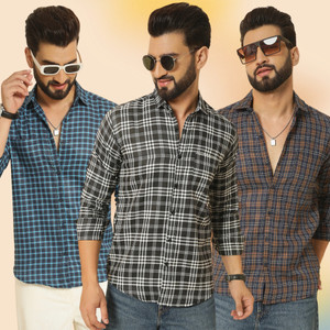 youth first Men Checkered Casual Black, Brown, Blue Shirt