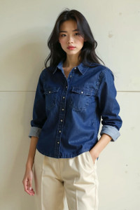 NEW-18 Women Solid Casual Dark Blue Shirt