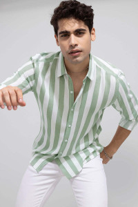 Surhi Men Striped Casual Light Green, White Shirt