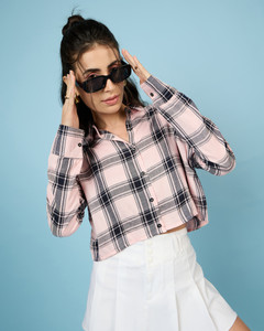 Chimpaaanzee Women Checkered Casual Pink Shirt