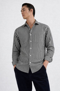 CAMBREEN Men Striped Casual White, Black Shirt