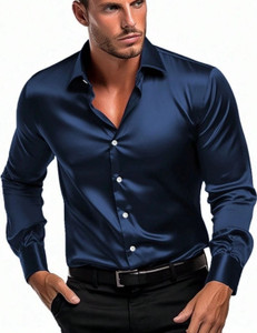 SHIMAK Men Solid Casual Dark Blue Shirt
