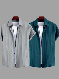 VRLOOKS Men Self Design Casual Grey, Blue Shirt