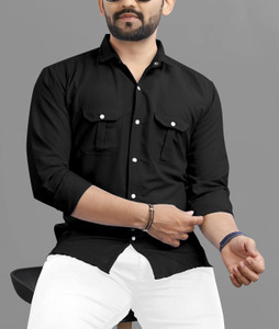 USONA Men Solid Casual Black Shirt