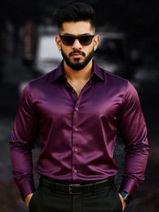 JINIK Men Solid Casual Purple Shirt