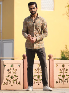 Sanskrutihomes Men Printed Casual Beige, Orange, Green Shirt