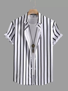 bollydolldesigner Men Striped Casual White, Black Shirt