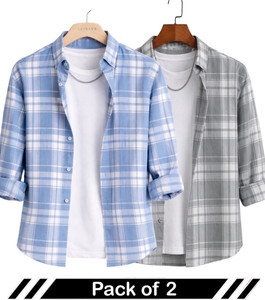 Shimak Men Checkered Casual Blue, Grey Shirt - Image 6