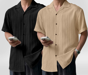 Lyphy Men Solid Casual Beige, Black Shirt