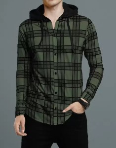Try This Checkered Men Hooded Neck Green T-Shirt