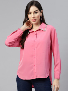 PLUSS Women Solid Casual Pink Shirt
