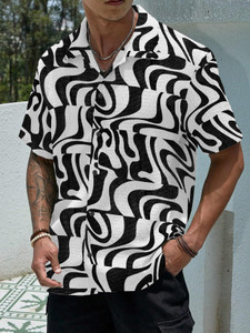 KAJARU Men Self Design Casual Black, White Shirt