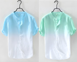 CHENECLOTH Men Color Block Casual Light Blue, Green, White Shirt