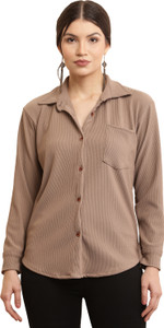 DIVAAS Women Self Design Casual Beige Shirt