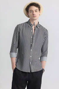 RODEIZ Men Striped Casual Black Shirt