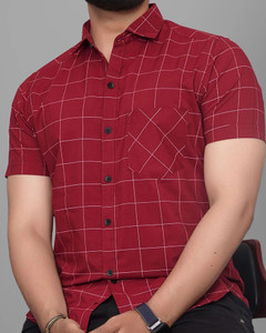 METRONAUT Men Solid, Checkered Casual Red Shirt