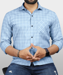 VeBNoR Men Checkered Casual Blue Shirt