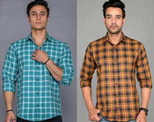 Tanip Men Checkered Casual Green, Brown Shirt