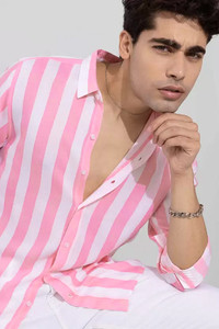 RODEIZ Men Striped Casual Pink, White Shirt